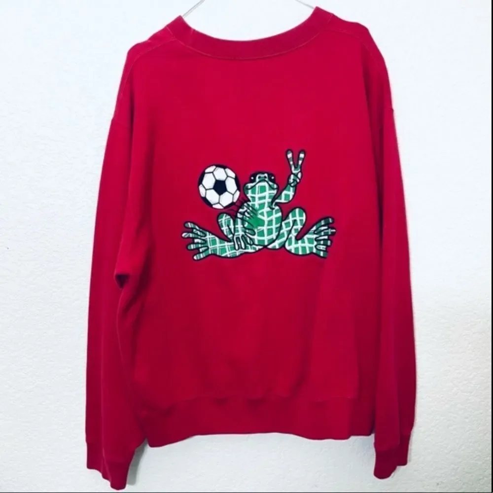 Vintage Peace Frogs Red Crew Neck Embroidered Soccer Sweatshirt Unisex Size XL